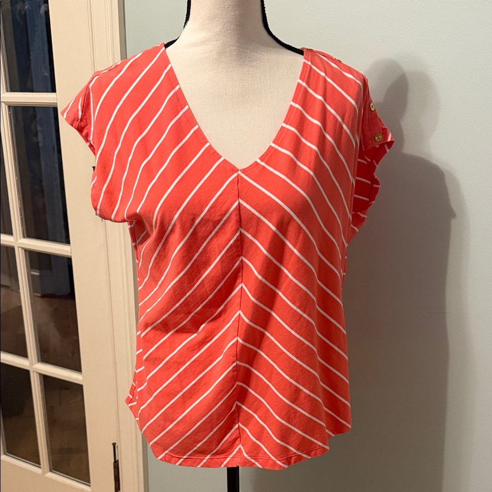 Jones New York Coral and White Striped V-Neck Blouse